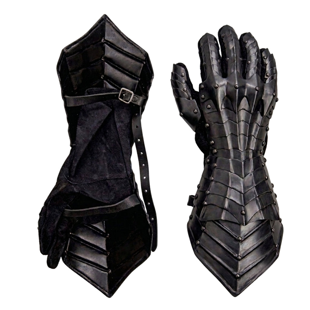 Pair of handmade gothic steel gauntlets with antique black finish.