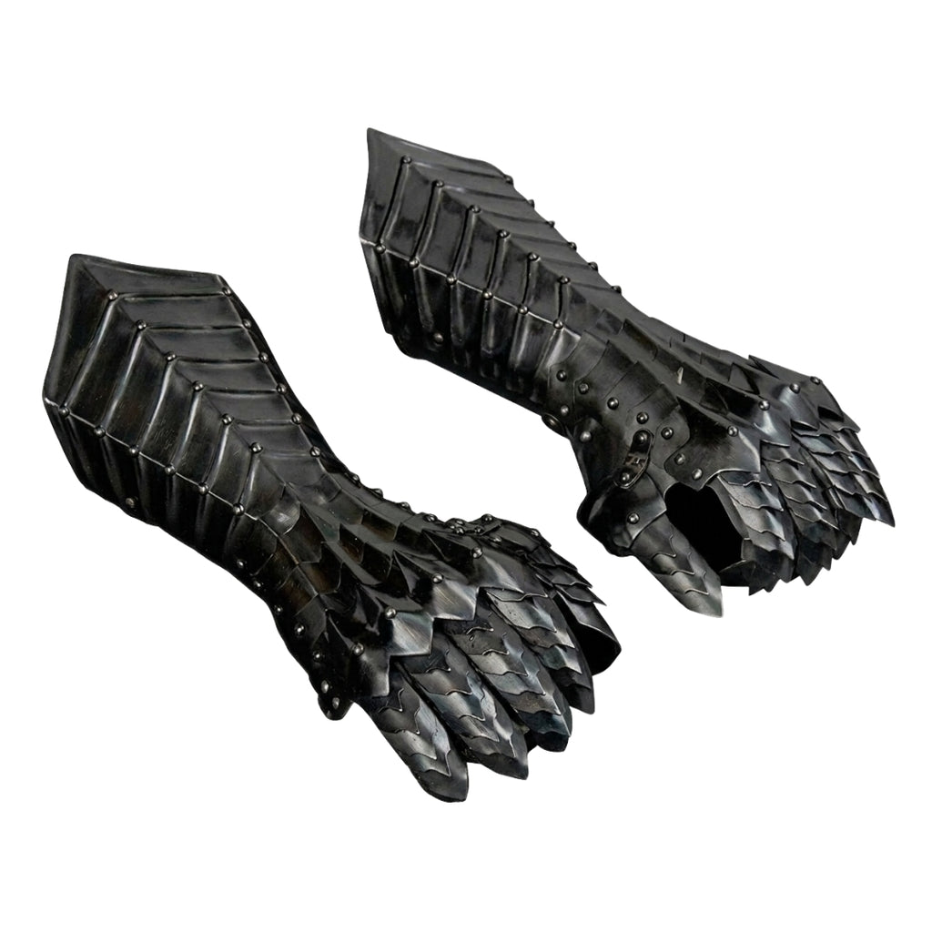 Black medieval steel gauntlets with articulated finger armor for knight costume.