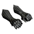 Black medieval steel gauntlets with articulated finger armor for knight costume.