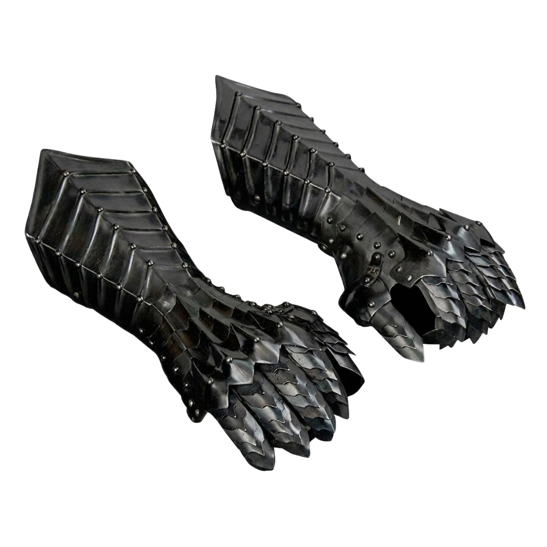 Black medieval steel gauntlets with articulated finger armor for knight costume.