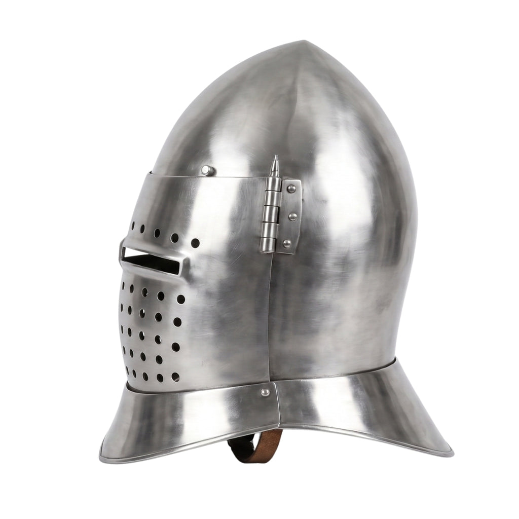 Side view of Medieval Great Helm steel knight helmet with polished finish.