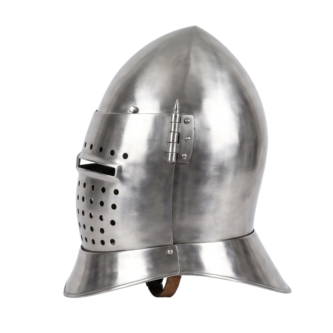 Side view of Medieval Great Helm steel knight helmet with polished finish.