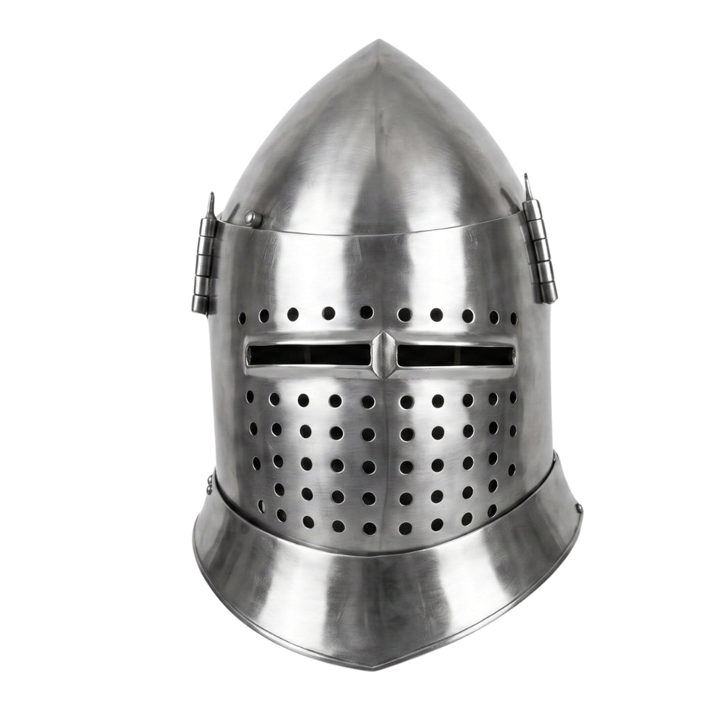 Handmade Medieval Knight Helmet made from 18 gauge steel with full face Great Helm design.