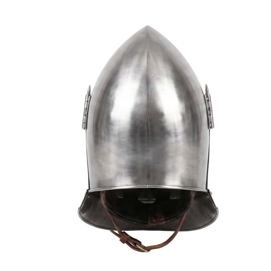 Rear view of handmade Medieval Knight Helmet with leather chin strap.