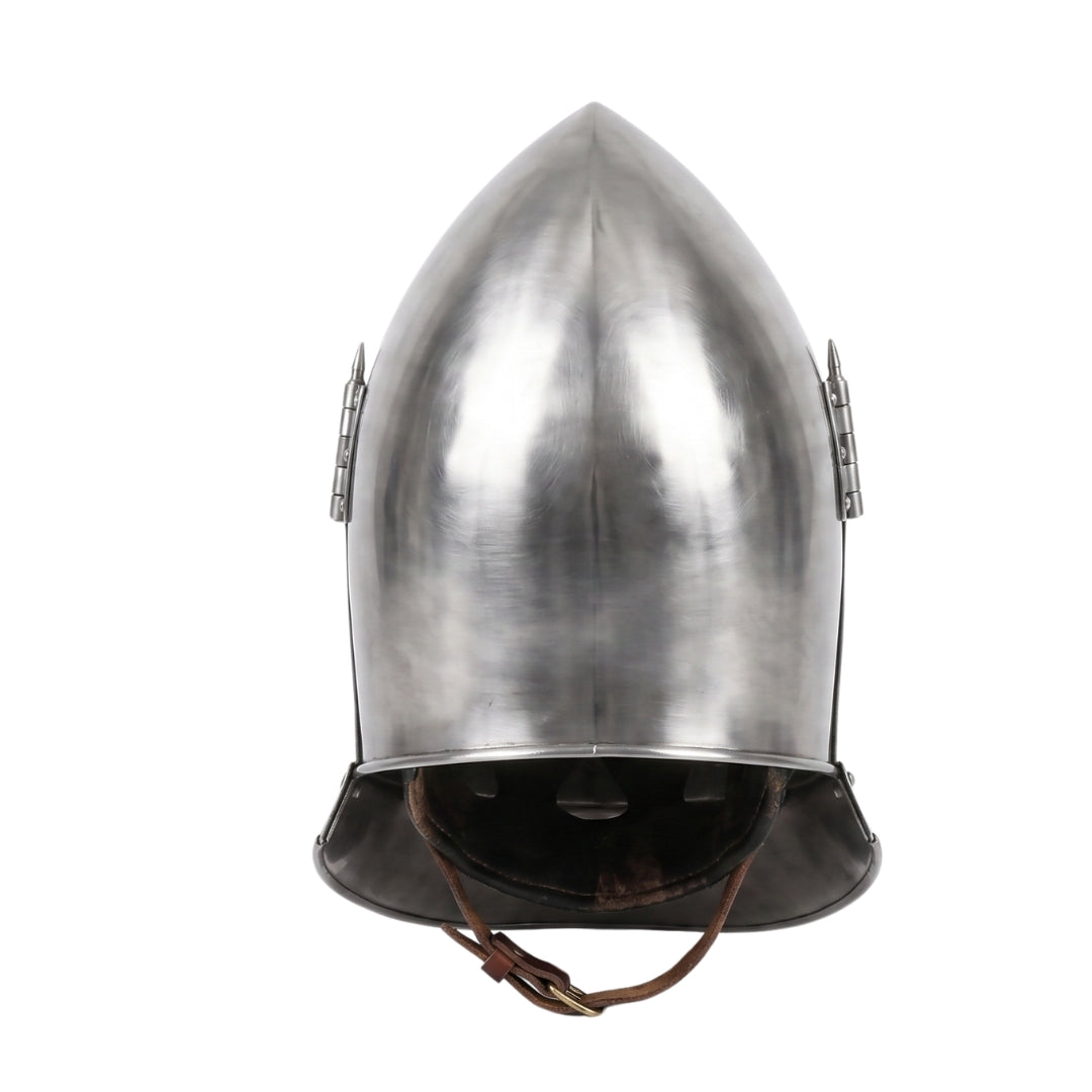 Rear view of handmade Medieval Knight Helmet with leather chin strap.