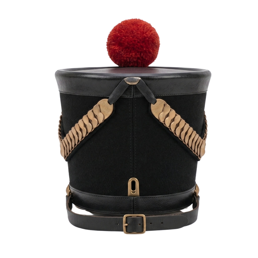 Rear view of historical leather shako hat