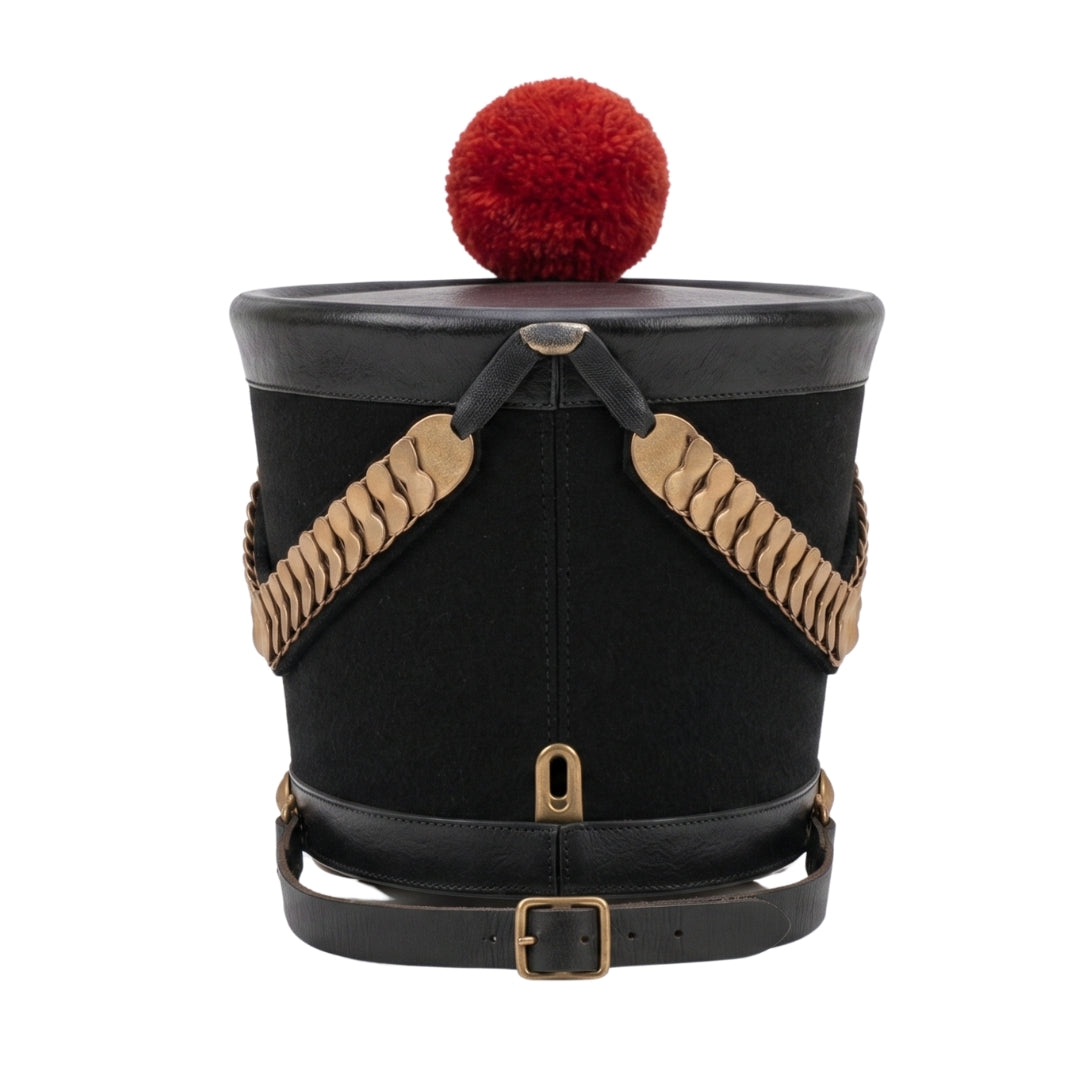 Rear view of historical leather shako hat