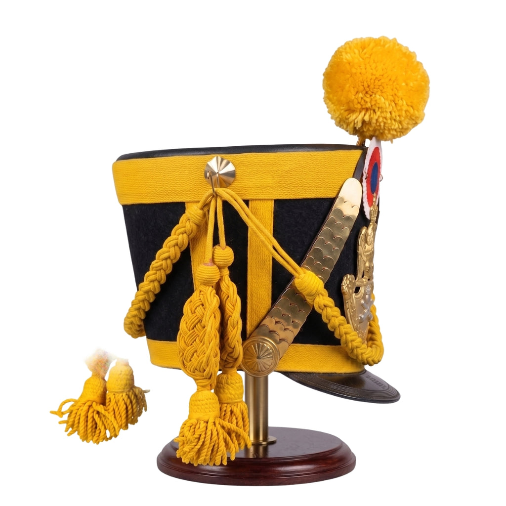 Side View of Handmade French Napoleonic Shako Hat with Yellow Plume