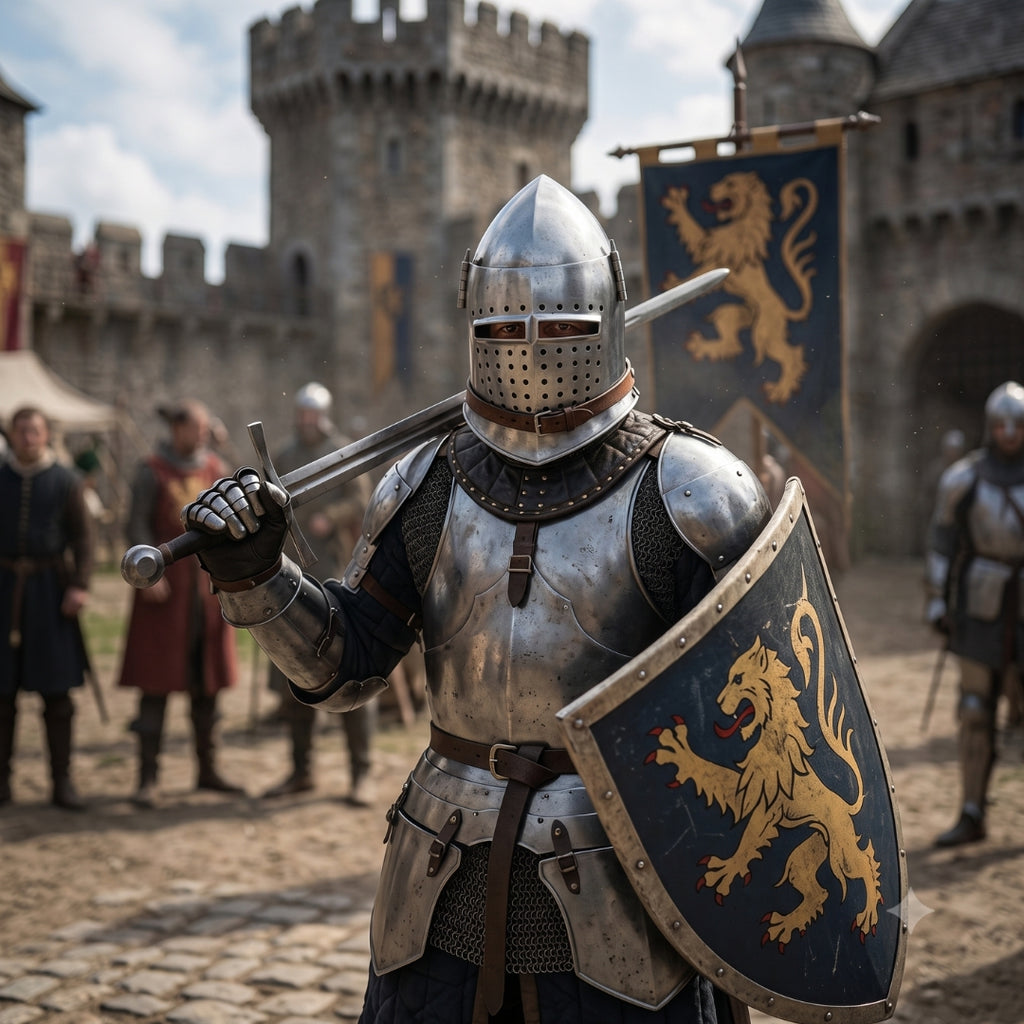 Medieval Knight wearing handmade steel Great Helm armor during historical reenactment.