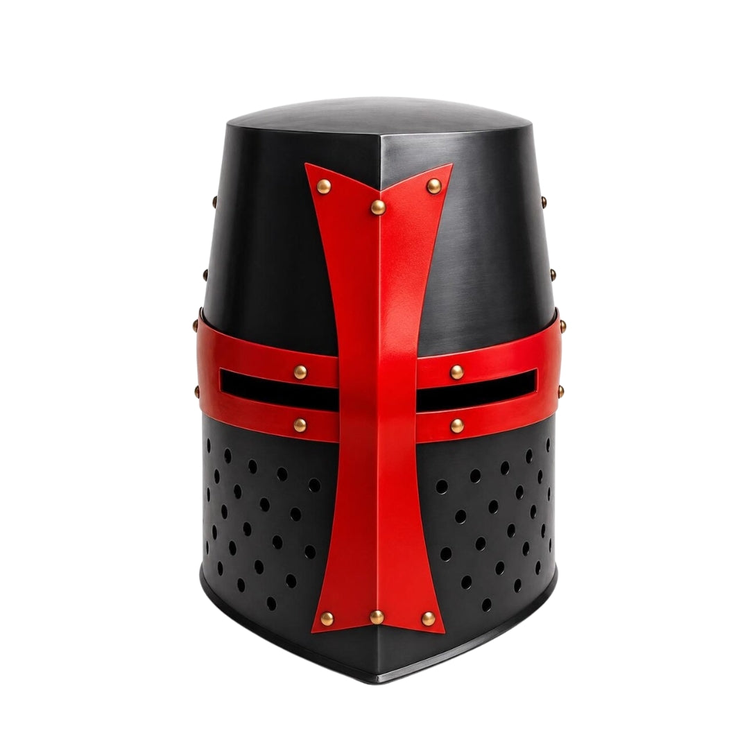 Handcrafted Medieval Templar Crusader Great Helm Wearable Mild Steel Knight Helmet Black Red