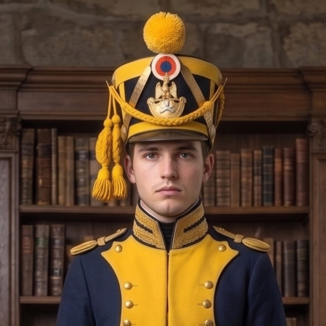 French Napoleonic Soldier Wearing Historical Military Shako Hat