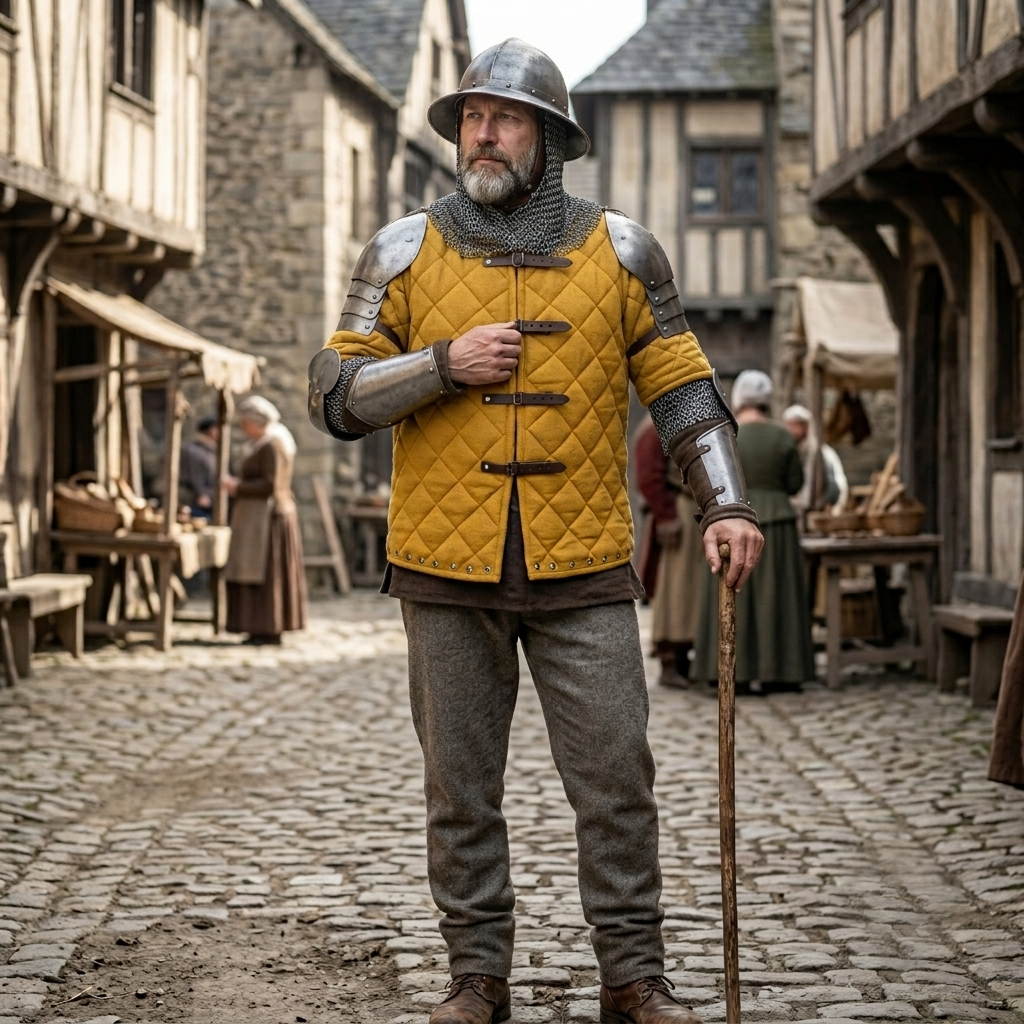 Front view of quilted cotton gambeson vest with adjustable leather straps for medieval reenactment.