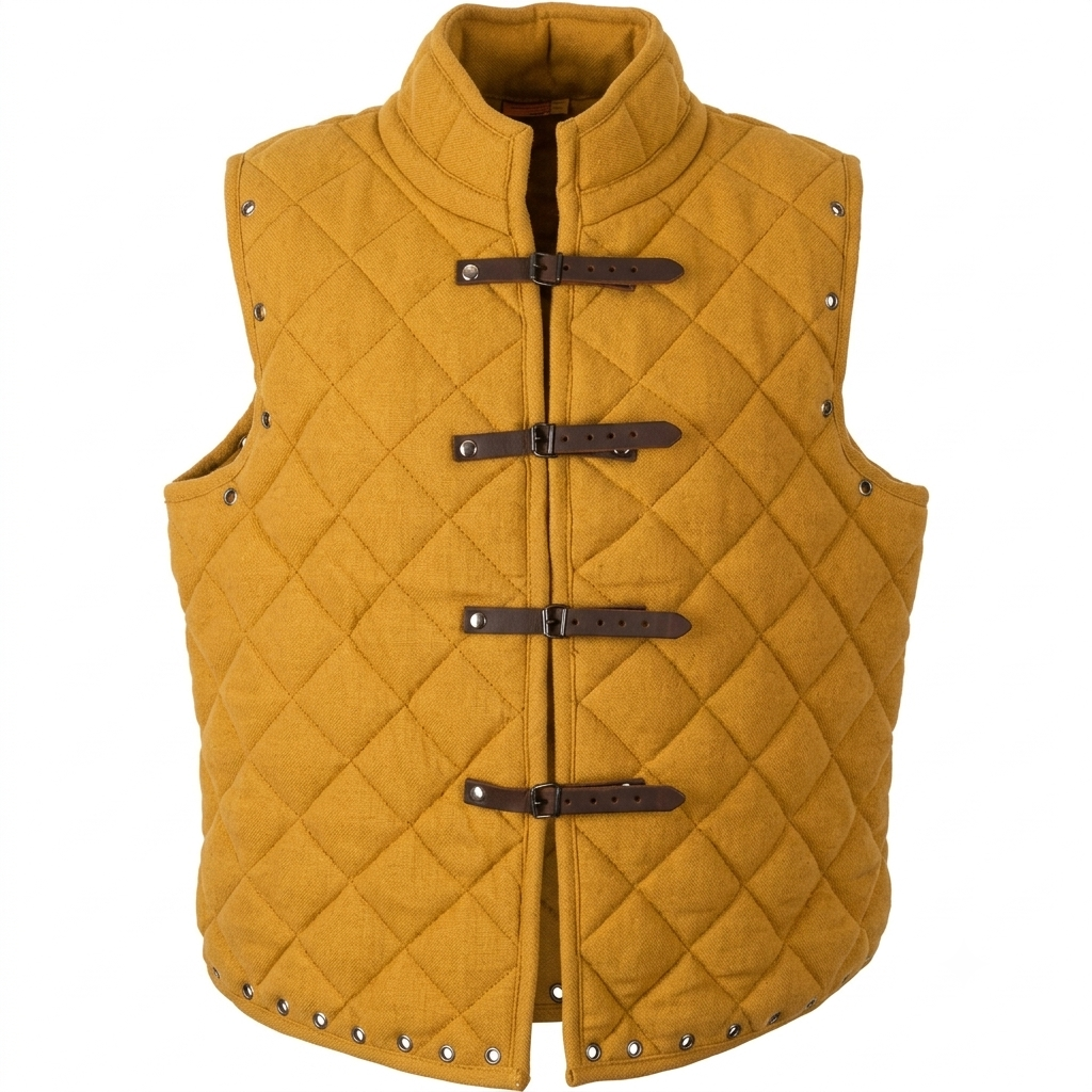 Handmade medieval sleeveless gambeson vest in mustard yellow made from 100% cotton with leather buckle closures.