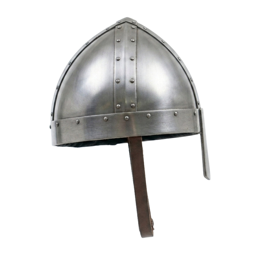 Side view of handmade Norman Nasal Helmet featuring leather chin strap and riveted steel construction.