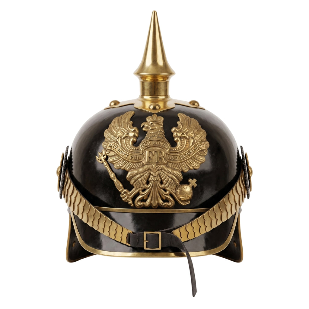 German Prussian Pickelhaube Helmet Replica with FR Badge Black Leather Brass Spike Front View