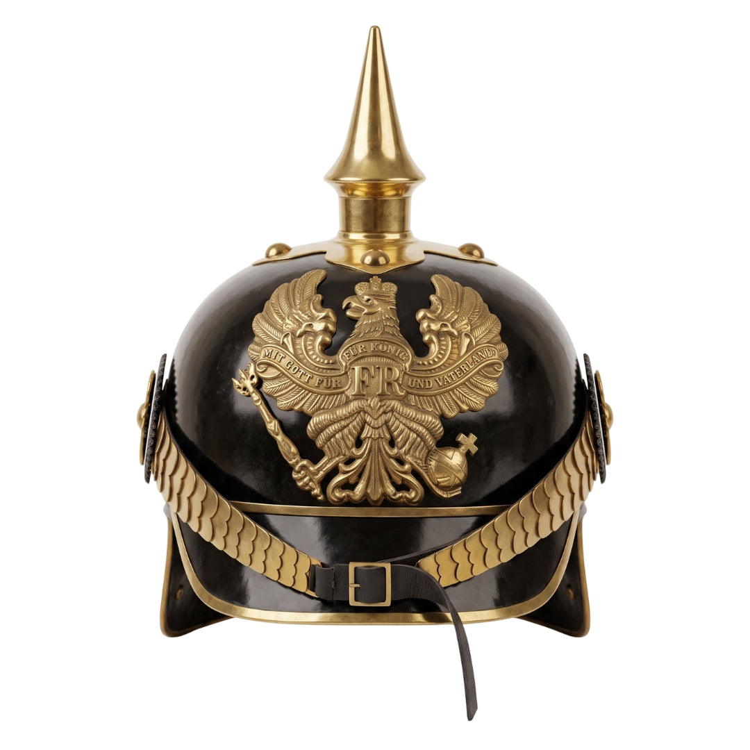 German Prussian Pickelhaube Helmet Replica with FR Badge Black Leather Brass Spike Front View