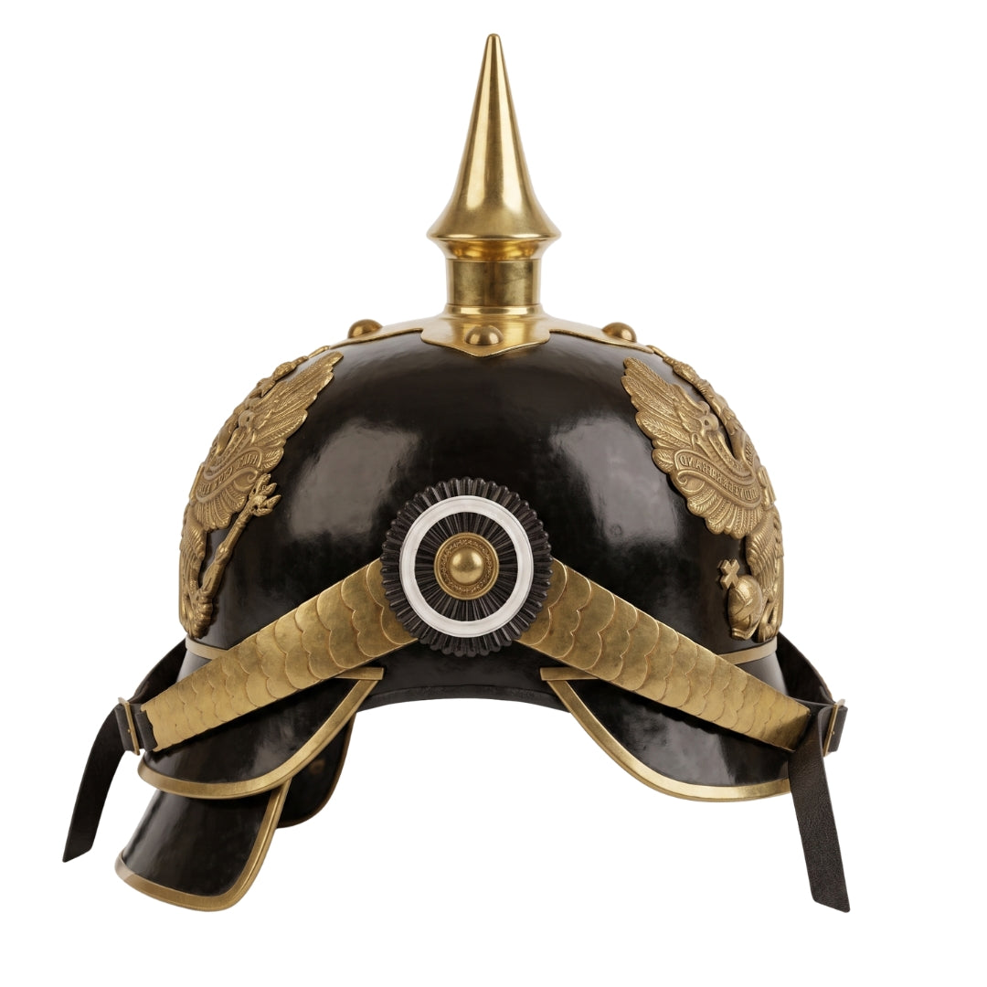 Side View of Handmade German Pickelhaube Helmet Replica with Brass Spike