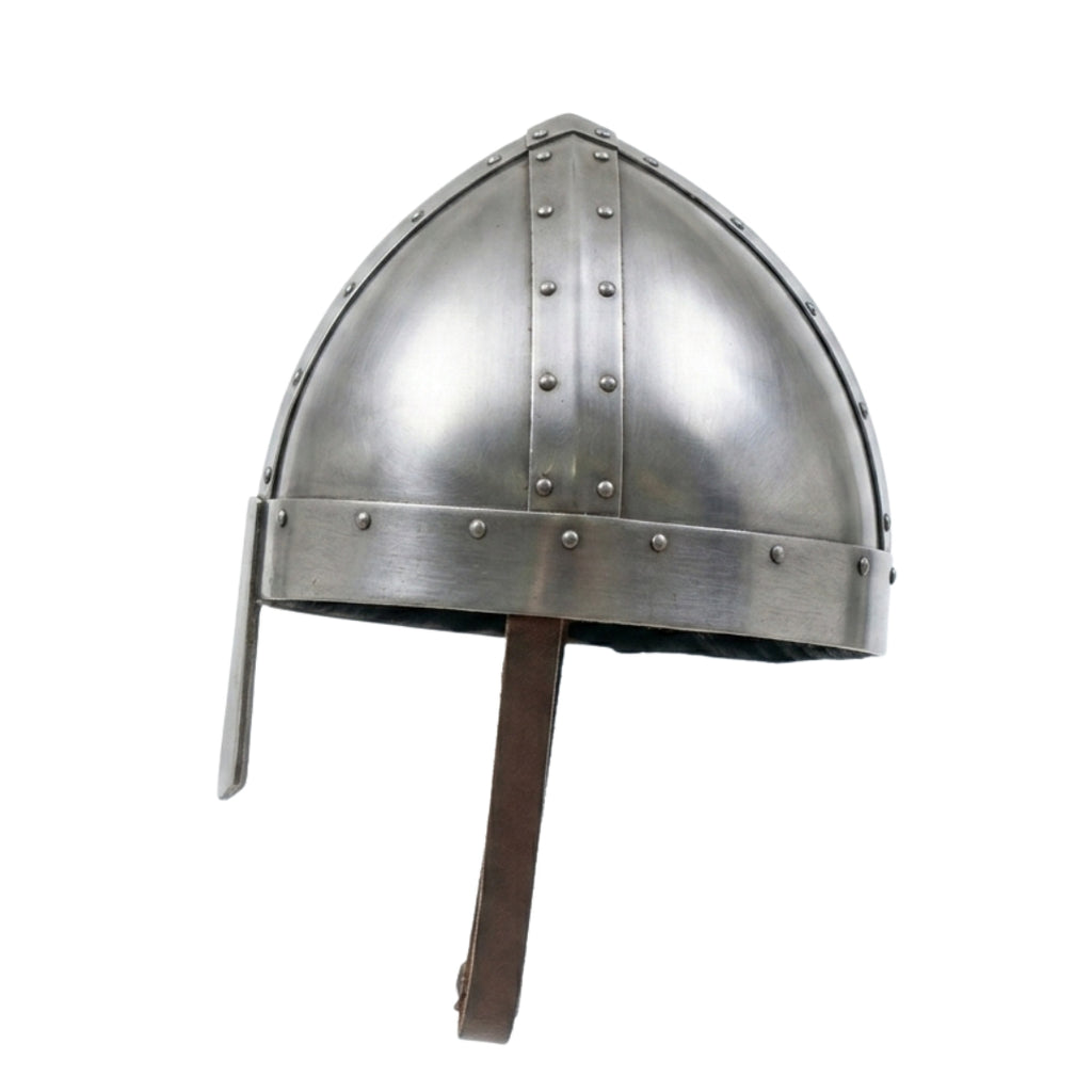 Angled view of medieval Viking Norman steel helmet with traditional nasal guard.
