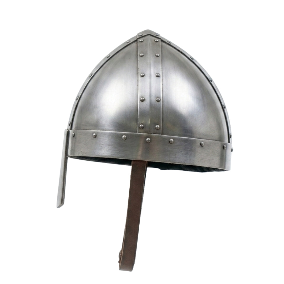 Angled view of medieval Viking Norman steel helmet with traditional nasal guard.