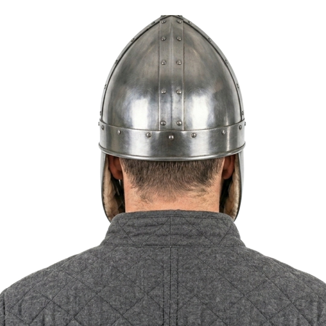 Rear view of handmade medieval Norman helmet showing padded interior and steel construction.