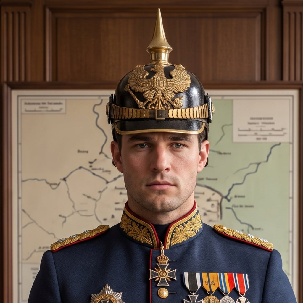 Imperial German Officer Pickelhaube Helmet Replica Black Leather Brass Spike
