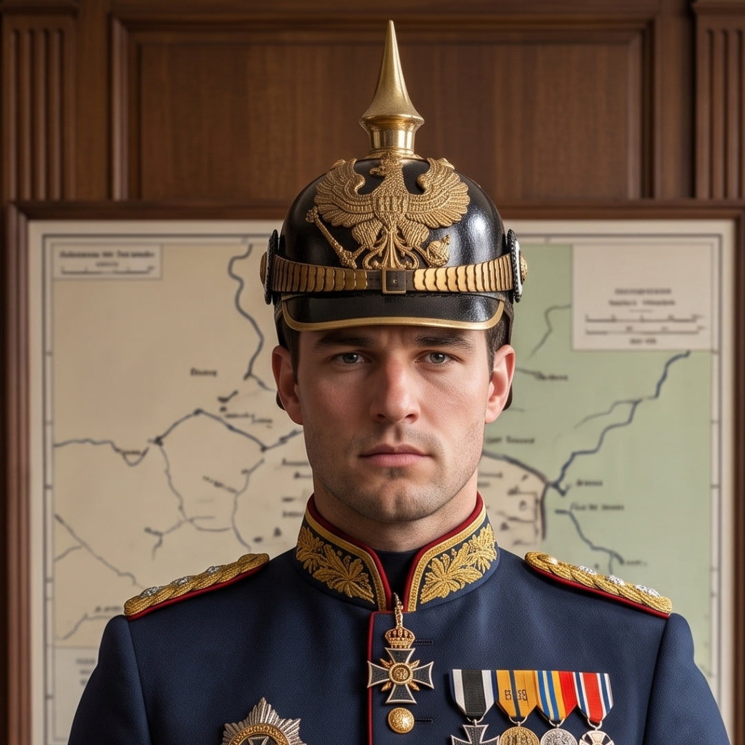 Imperial German Officer Pickelhaube Helmet Replica Black Leather Brass Spike