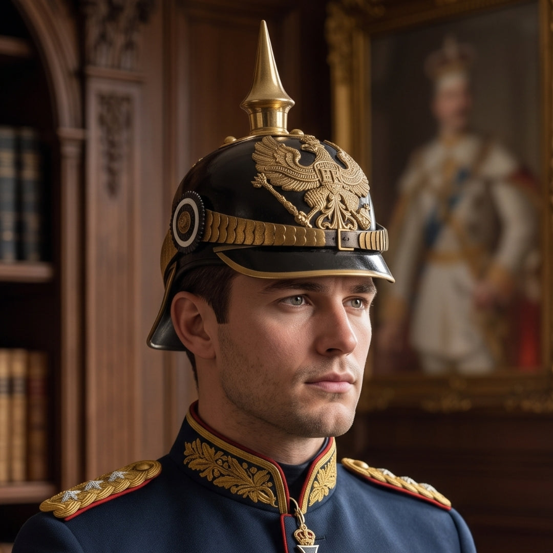 Man Wearing German Prussian Pickelhaube Helmet Replica for Historical Reenactment