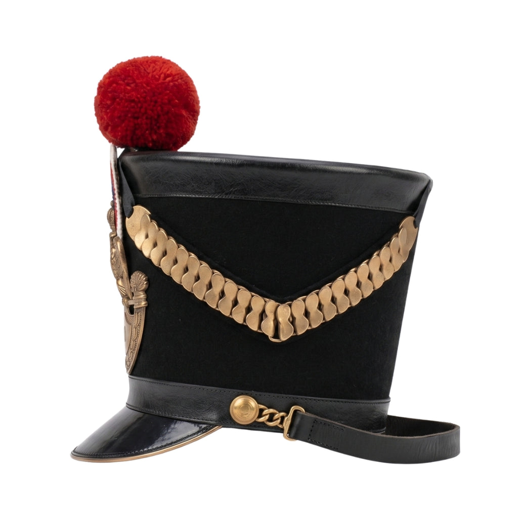Side view of handcrafted Napoleonic military shako