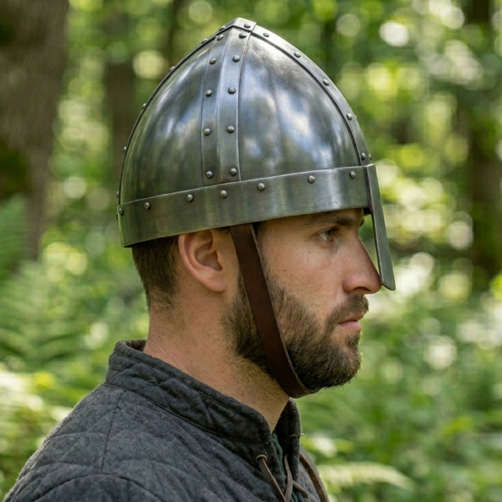 Model wearing handcrafted Norman Nasal Helmet for historical reenactment.