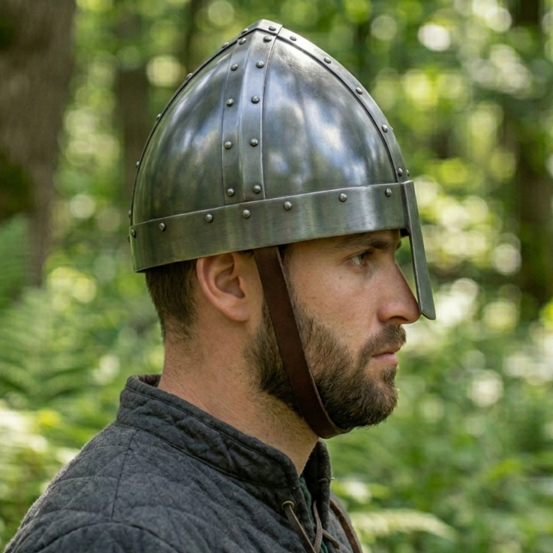 Model wearing handcrafted Norman Nasal Helmet for historical reenactment.