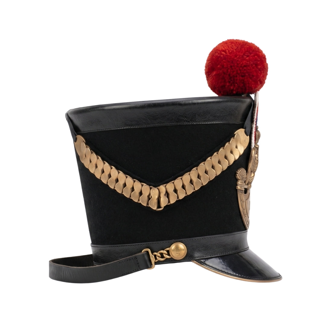 Napoleonic shako hat with brass insignia and plume