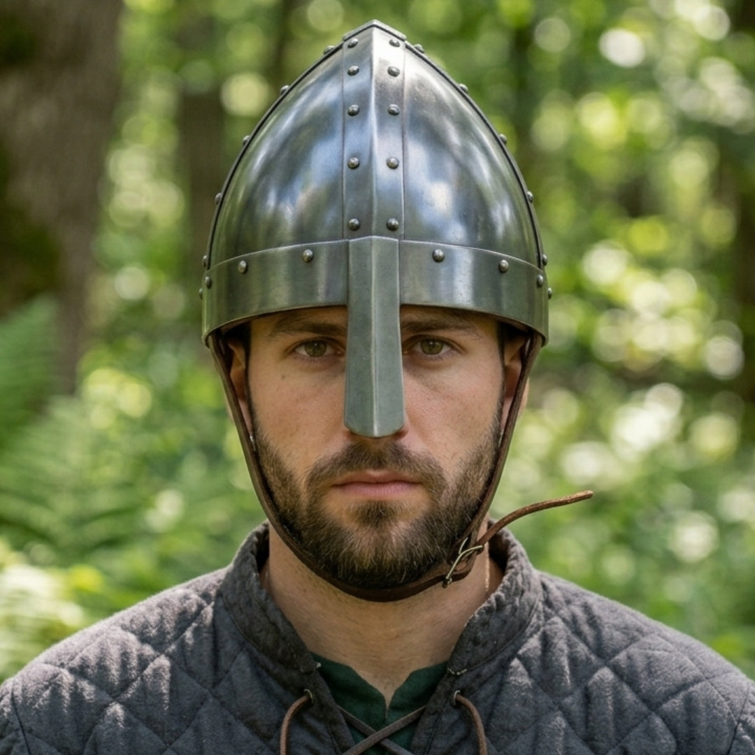 Front profile of medieval Norman helmet worn during LARP and cosplay events.