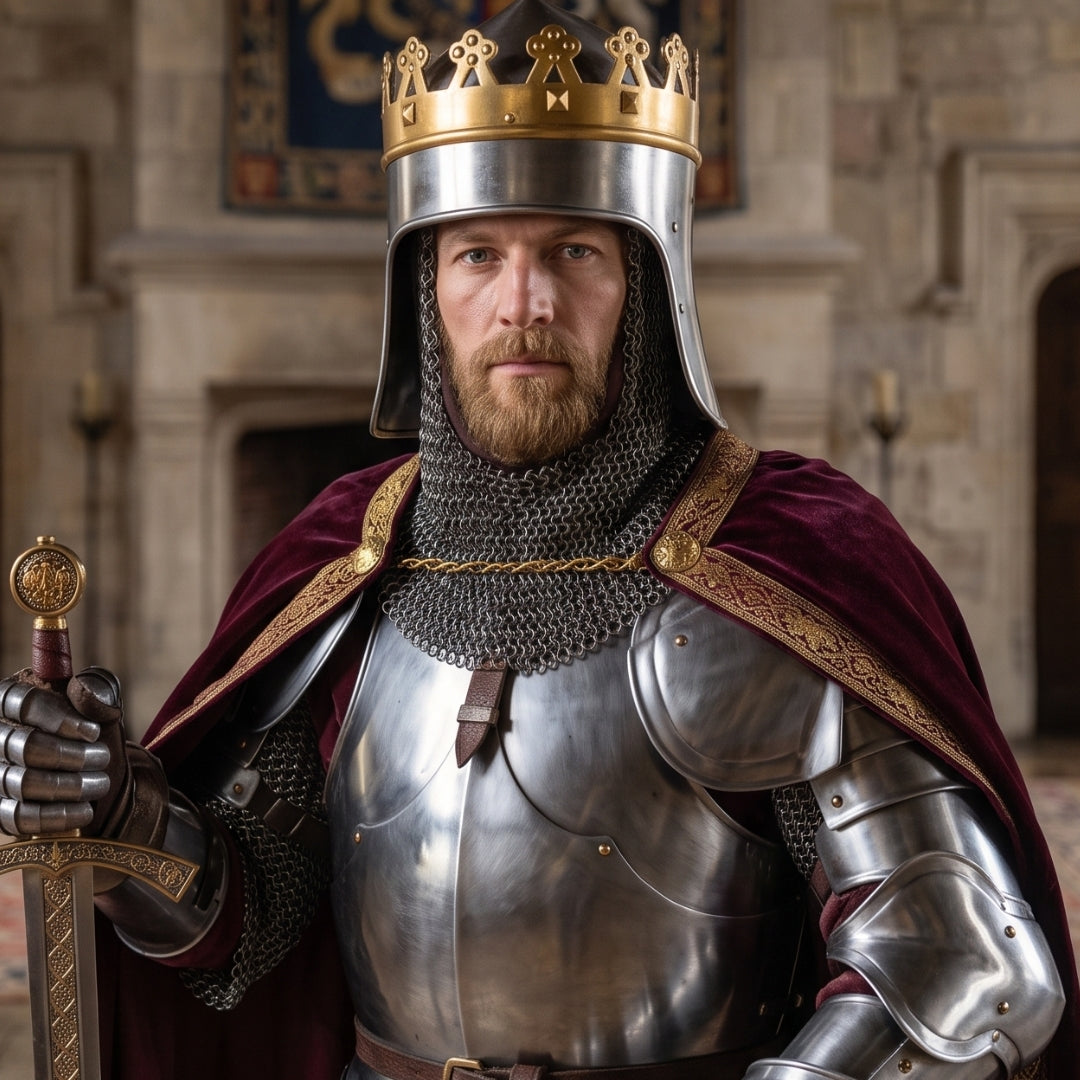 Medieval King Richard Lionheart Two-Tone Crown Helmet | Handmade Steel Crusader Great Helm | Wearable Medieval Knight Armor Replica for LARP, Cosplay & Display