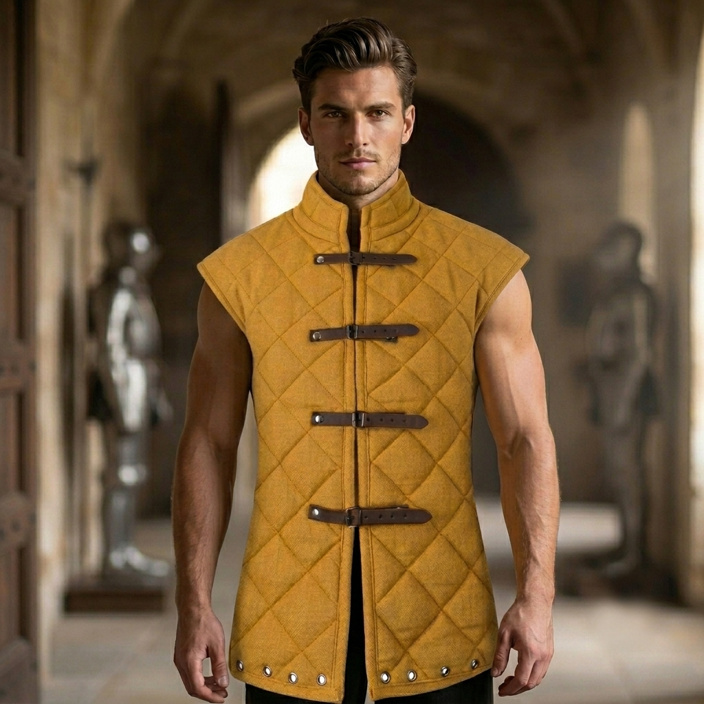 Medieval knight wearing a mustard cotton gambeson beneath steel armor during historical reenactment.